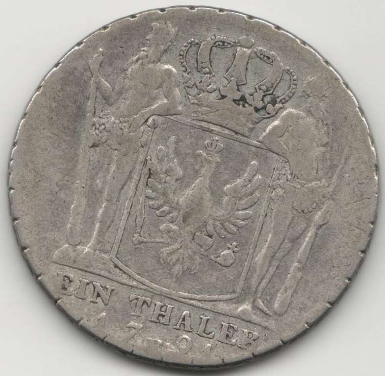 (1791A) Монета Германия (Пруссия) 1791 год 1 талер &quot;Фридрих Вильгельм II&quot;  Серебро Ag 520  VF